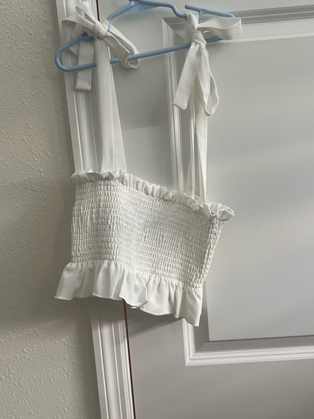 SHEIN White Smocked Ruffle Tie-Shoulder Crop Tank